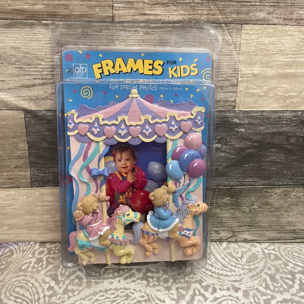 Acme Frame Products Carousel Teddy Bear Photo Frame 3.5x5 Hand Painted Vintage